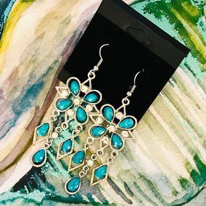 SILVER & AQUA BLUE DANGLE EARRINGS 3" LONG